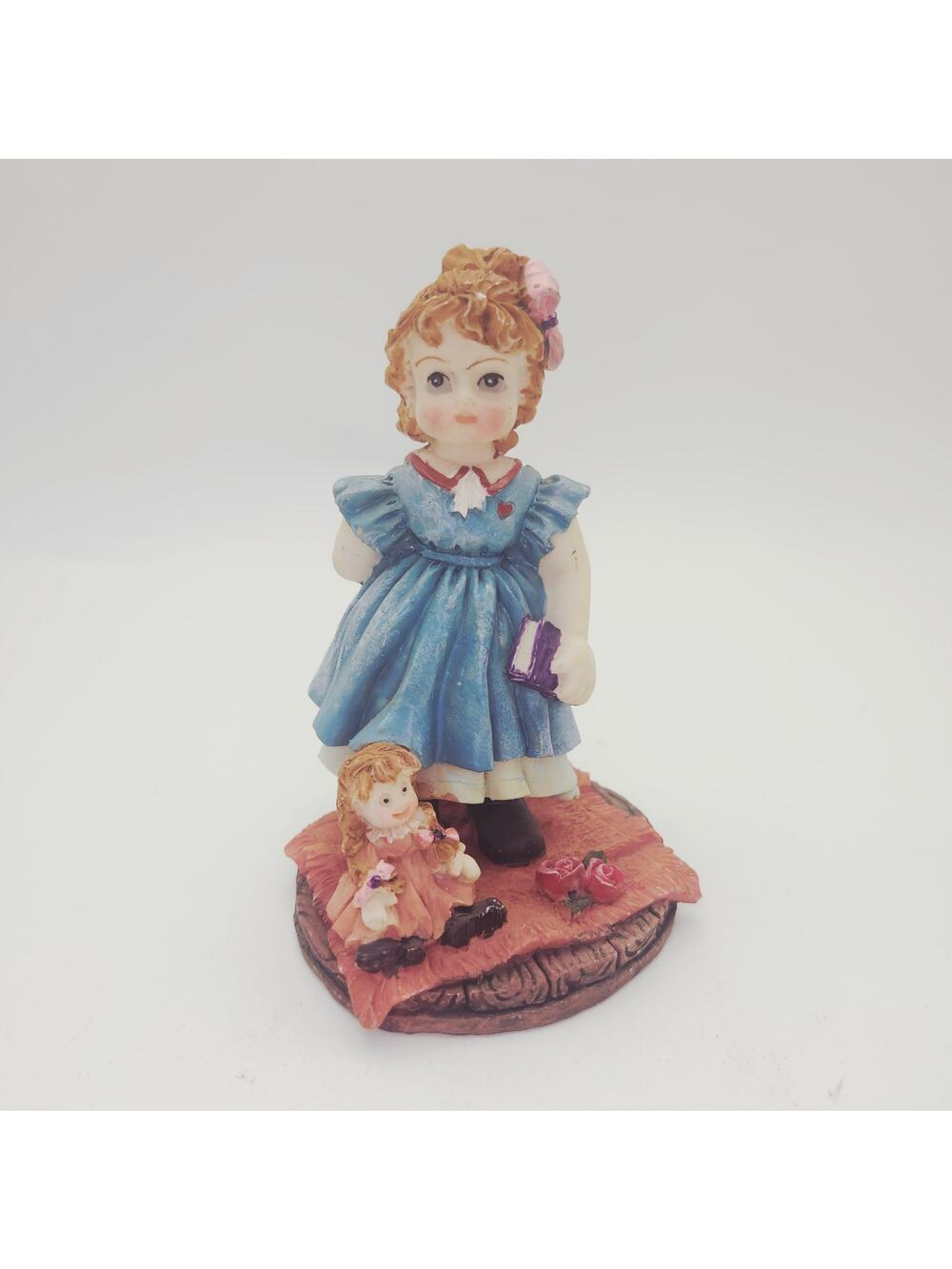 Hand Painted Resin Girl with Book & Doll Figurine Blue Dress Cute Vintage Decor